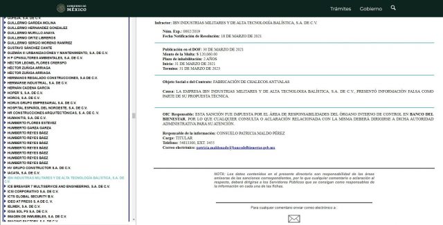 La empresa IBN Industrias Militares y de Alta Tecnología Balística, S.A. de C.V.